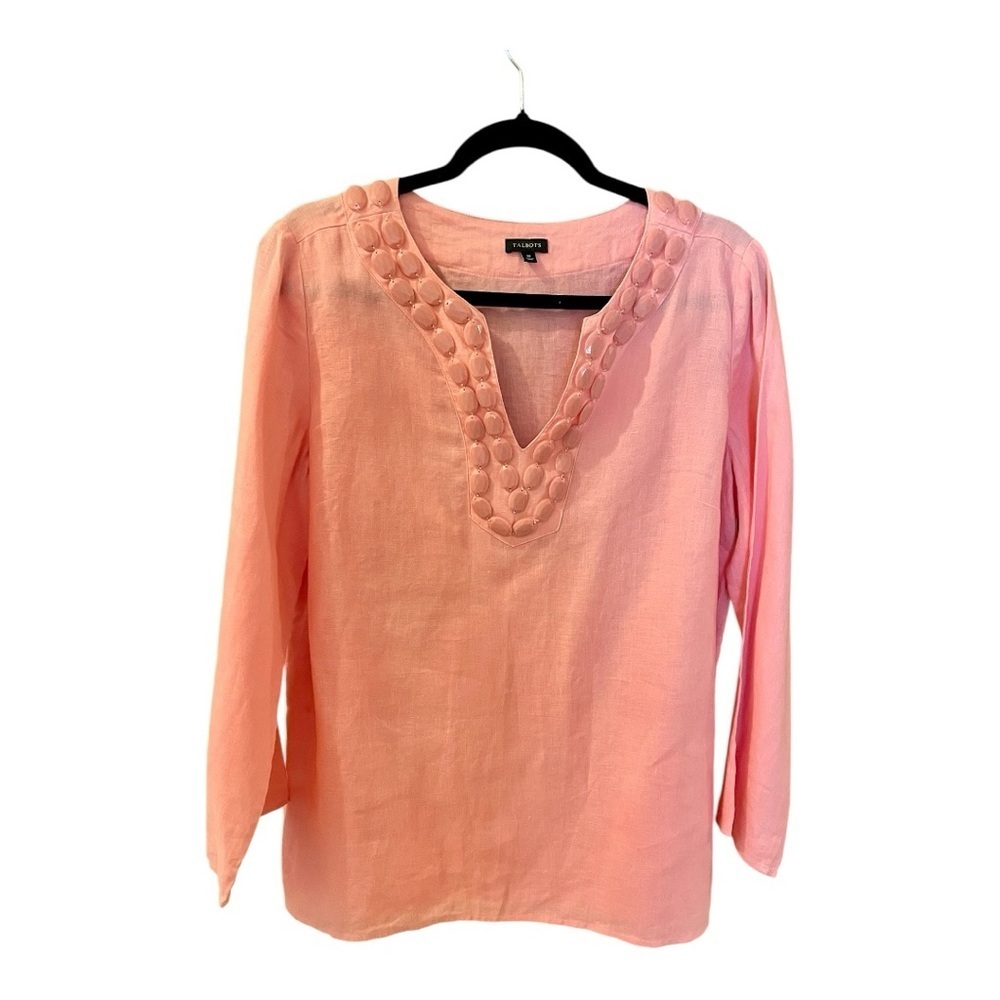 Talbot’s Linen Too, Size M, Peach, Beaded, V Neck, Long Sleeves.
